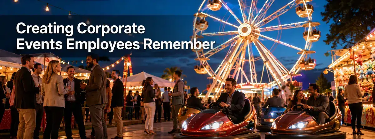 Employees creating memorable corporate event experiences with amusement rides and carnival games